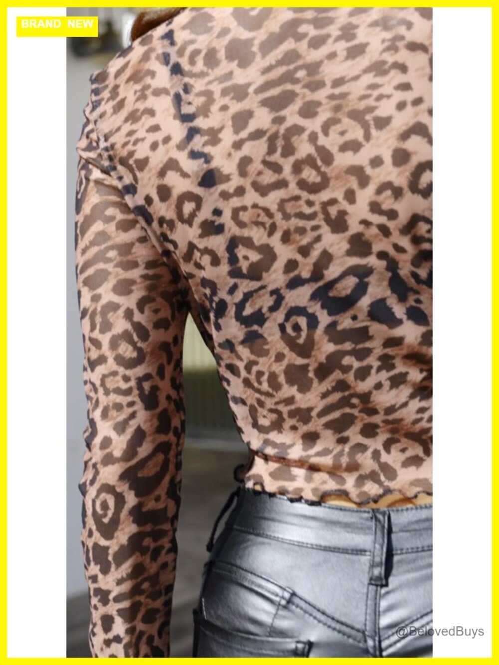 Sheer Leopard Print Crop Top Mock Neck Long Sleeve Lettuce Trim Mesh T-Shirt - Picture 7 of 7